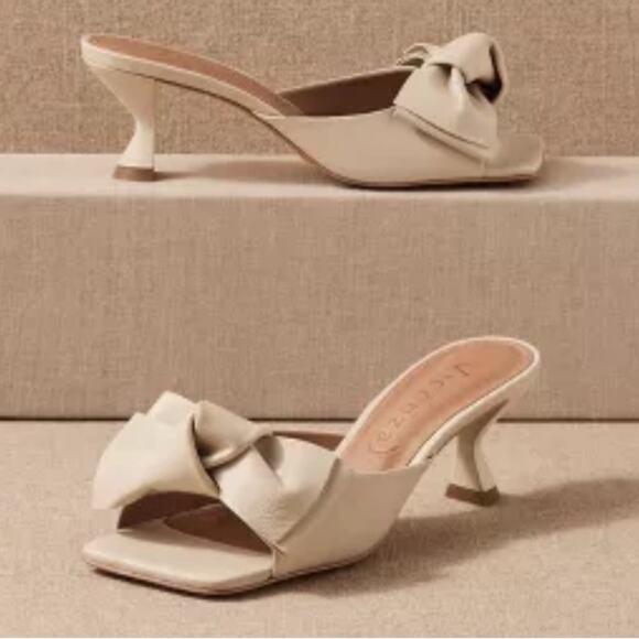 Anthropologie Vicenza Wharton Tan Leather Bow Mule Heels NWOB size 7 - Picture 1 of 11